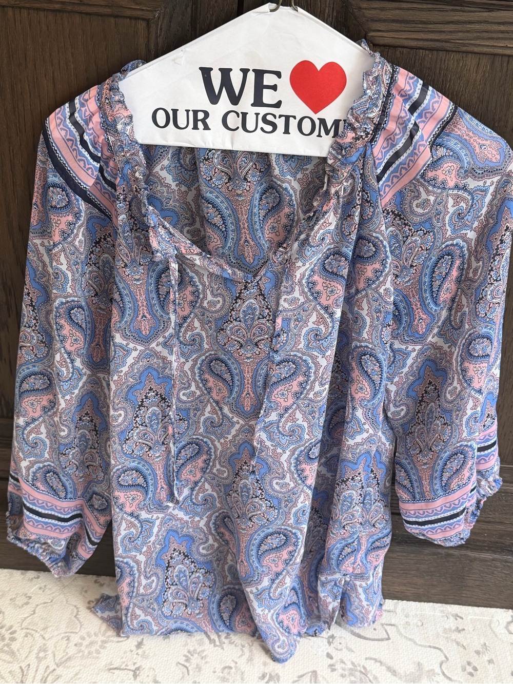 New York & Company Blue and Pink Paisley Tie-Neck Blouse